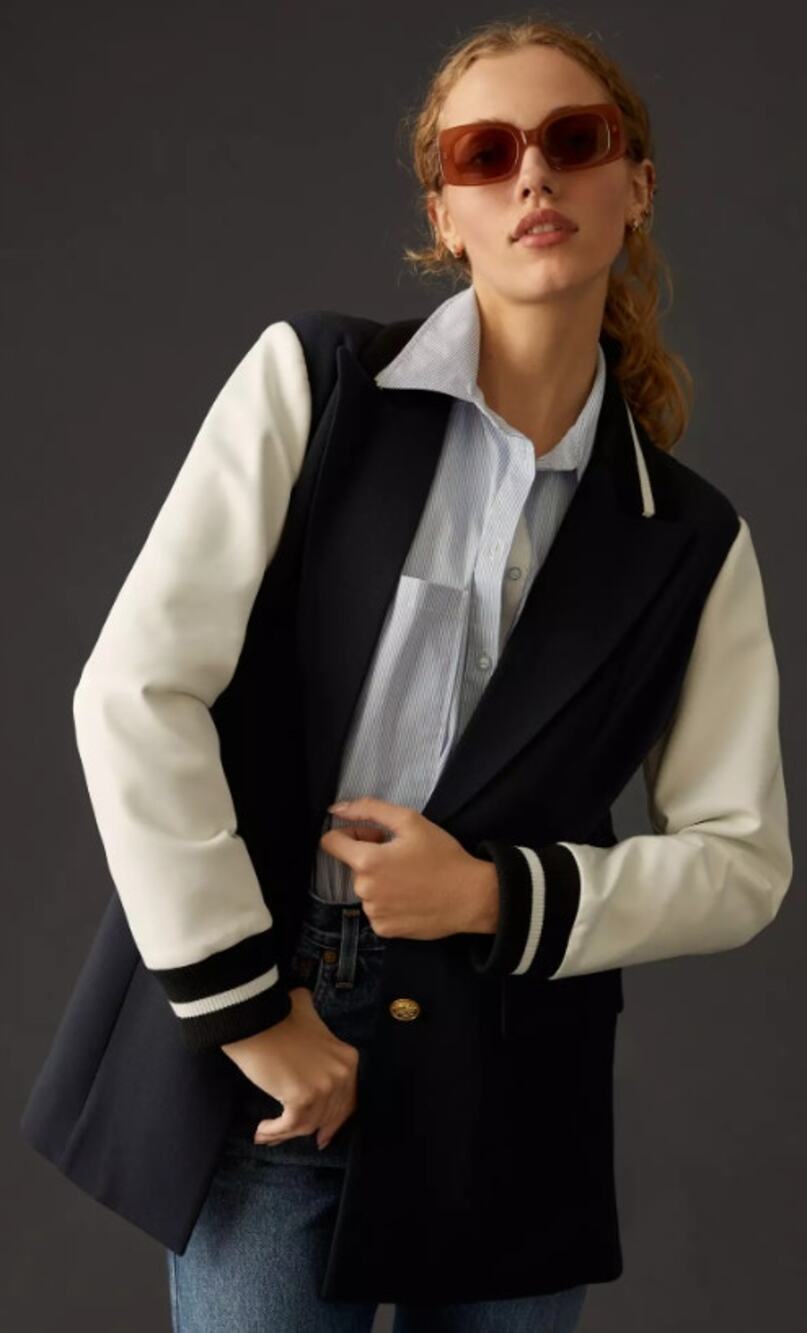 Avec Les Filles Varsity Jacket Blazer Black White Faux Leather Size Small AS IS